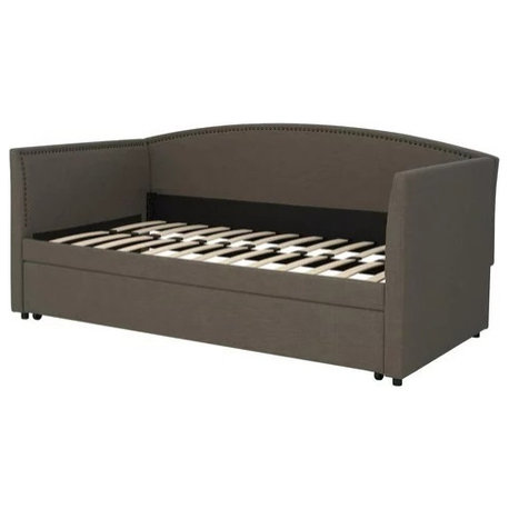 Twin Size Upholstered Daybed with Nailhead Trim and Trundle, Gray