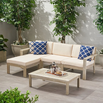 Isabella Ana Outdoor 3-Seater Acacia Wood Sofa With Cushions, Cream