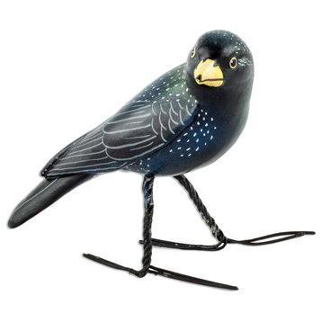 NOVICA Black Starling And Ceramic Figurine
