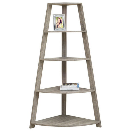 Bookshelf, Etagere, Corner, 4 Tier, 60"H, Office, Bedroom, Laminate, Dark Taupe