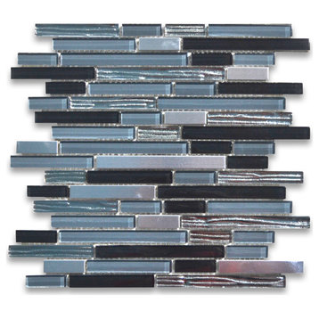 Glass Mosaic Tile Blue Gray Glass Electroplate Stainless Steel Brick, 1 sheet