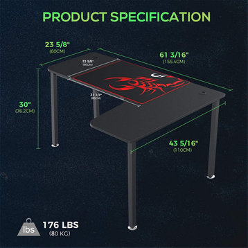Modern L-Shaped Desk, Large Black Top With Waterproof Mouse Pad, Right Facing