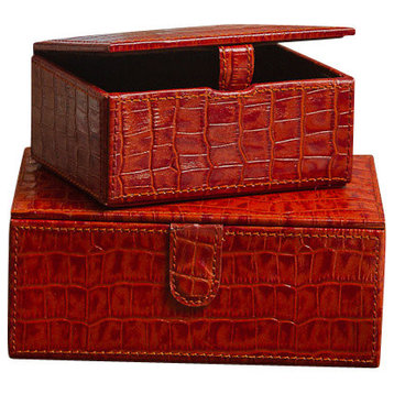 Burnt Croc Leather Boxes, Orange, Set of 2