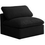 Meridian Furniture - Plush Velvet / Down Standard Comfort Modular Chair, Black, Armless Chair - No matter how big or little the size of your gang, they can all find their sweet spot when you choose pieces from the Plush collection to build your ideal seating group. Choose this individual Plush piece or pair multiple pieces together to get the custom look everyone will love. The soft black velvet material is soft and welcoming to the touch, and the set's cushions are overstuffed with a down and feather blend to provide ample support for tired bodies.