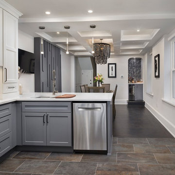 Modern Transitional Two-Tone Kitchen Remodel | White & Gray Cabinets, Brick