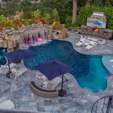 Alpine New Jersey - Aerial view of Custom Glass Tile Swimming Pool and Spa with