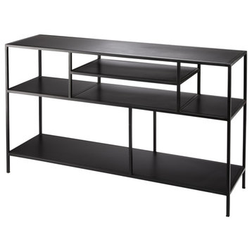 Modern Minimalist Black Staggered Shelves Console Table Open Media Metal Storage