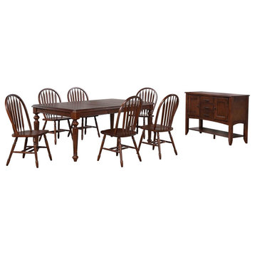 Bowery Hill 8PC Rectangle Extendable Dining Table Set w Sideboard Brown Wood