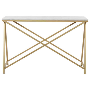 Contemporary Console Table, Crossed Metal Base & Elegant Marble Top, Gold/White