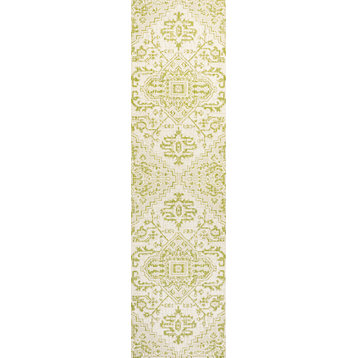 Estrella Bohemian Medallion Textured Weave Indoor/Outdoor, Cream/Green, 2 X 8