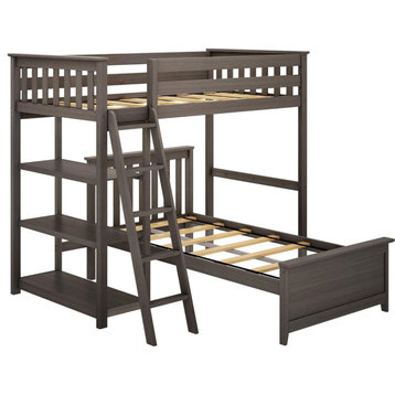 Twin Size Bunk Bed, L Shaped Design With Integrated Bookcase and Ladder, Clay