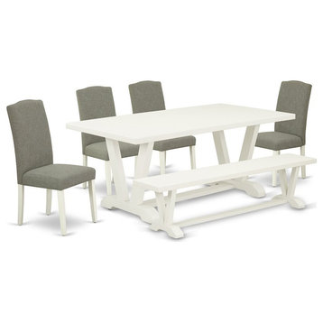 East West Furniture V-Style 6-piece Wood Dining Set in Linen White