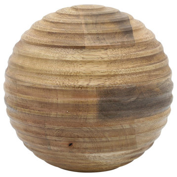 8" Wooden Orb With Ridges, Natural