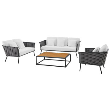 Lounge Sectional Sofa Chair Table Set, Aluminum, Modern, Outdoor, White