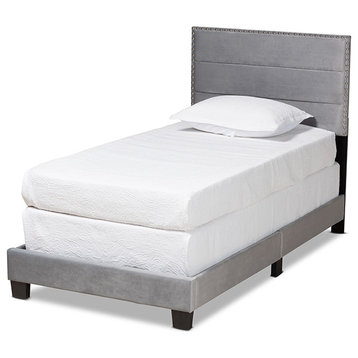 Nikolet Contemporary Glam Velvet Panel Bed Collection, Gray, Twin