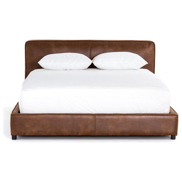 Nadine Upholstered Low Profile Bed, Brown Leather, Queen