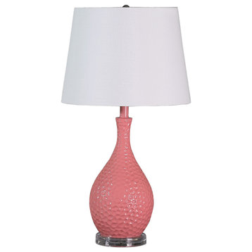 Benzara BM233920 Pin Bowl Design Metal Table Lamp With Hammered Pattern, Pink
