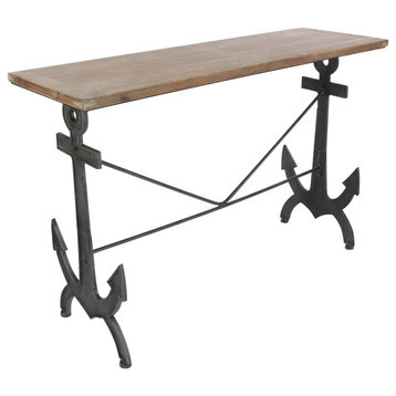 Coastal Console Table, Anchor Shaped Metal Legs With Distressed Brown Wood Top
