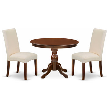 3 Pc Dining Set, Mahogany Round Table, 2 Cream Chairs