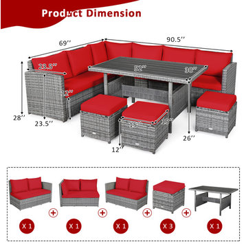 Costway 7 PCS Patio Rattan Dining Set Sectional Sofa Couch Ottoman Garden Red