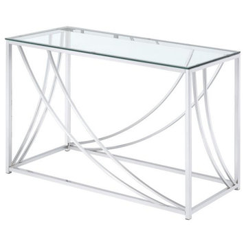 Benzara BM206487 Glass Top Rectangular Sofa Table, Swooping Curves, Clear/Silver