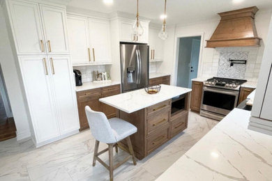 Inspiration for a mid-sized contemporary u-shaped porcelain tile and white floor eat-in kitchen remodel in Other with shaker cabinets, medium tone wood cabinets, quartz countertops, stainless steel appliances, an island and white countertops