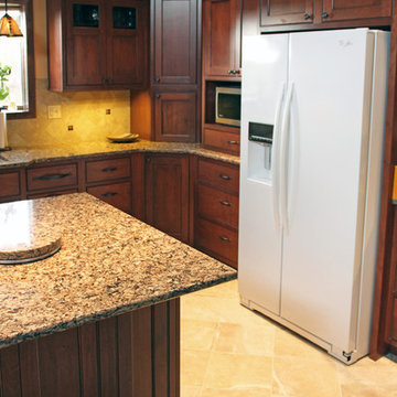 Transitional Kitchen with Wood Ceiling & Desk Area