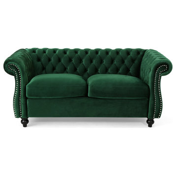 GDF Studio Karen Traditional Chesterfield Loveseat Sofa, Emerald/Dark Brown