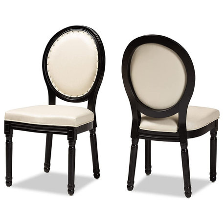 Traditional Dining Chairs Pair With Foam Cushions and Decorative Wood Detailing, Beige/Black