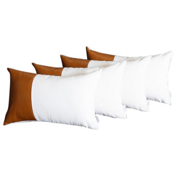 Set Of 4 White And Quarter Brown Faux Leather Lumbar Pillow Covers