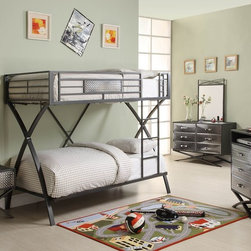 B813T-1 SPACED OUT BOY COOL GREY POWDER-COAT METAL TWIN TWIN BUNK BEDS - Bunk Beds
