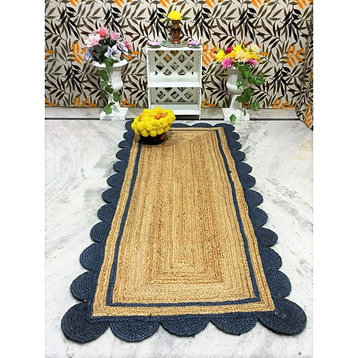Farmhouse Area Rug, Braided Natural Jute & Blue Scalloped Accents, 2' X 16'