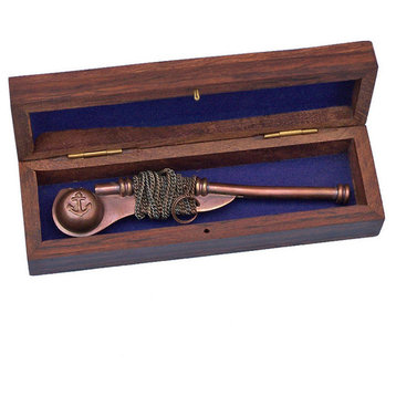 Boatswain (Bosun) Whistle With Rosewood Box, Antique Copper, 5"