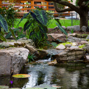 Outdoor Pond with Natural Stone Fire Pit