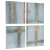Set 4 Abstract Blue Gold Cream Modern Paintings Wall Art Metallic Linear Square