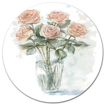 Pink Roses Bunch In The Vase, Modern Flower Disc Metal Wall Art, 23"