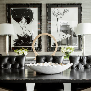 Herringbone Cowhide Rug in a Black & White Dining Room