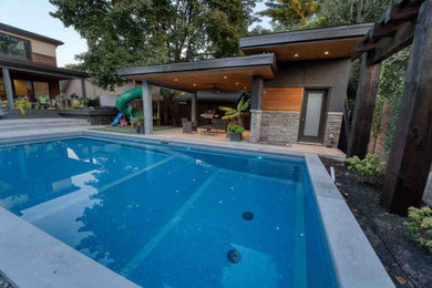 Large modern back rectangular swimming pool in Toronto with with pool landscaping.