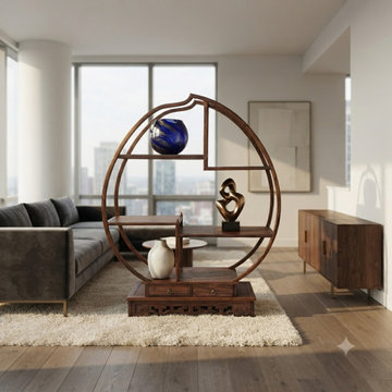 Oriental Circular Peach Shape Brown Wood Display Cabinet Room Divider ws4999