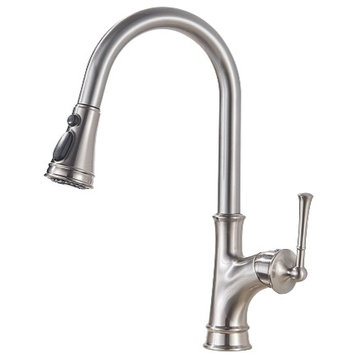 Brushed Nickel Kitchen Faucet Magnetic Pull Out Sprayer Swivel Three Water Mode