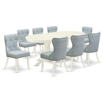 East West Furniture Vancouver 9-piece Wood Dining Set in Linen White/Baby Blue