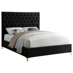 Meridian Furniture - Cruz Velvet Upholstered Bed, Black, King - Revamp your bedroom space with this sumptuously crafted Cruz king bed from Meridian furniture. The star of the show here is the headboardits tufted with deep button tufts that not only keep its thick padding in place and aloft, but also add a modern, textural look to your space. Sleek black velvet upholstery feels luxuriously upscale to the touch, and the high headboard and the minimalist platform frame with metal feet add a timelessly contemporary silhouette to your space.