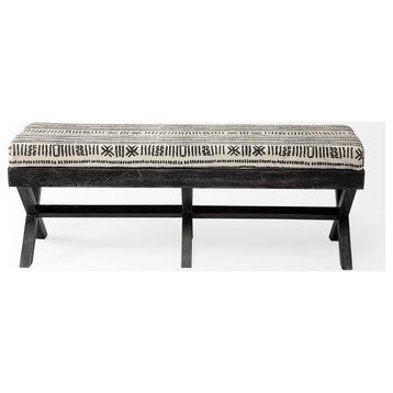 Solis Black and Cream Patterned Seat With Black Solid Wood Frame Accent Bench