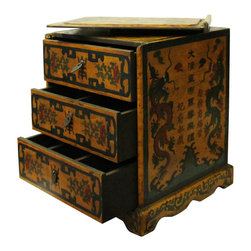 Chinese Distressed Yellow Black Dragon Graphic Trunk Box Chest - Decorative Trunks