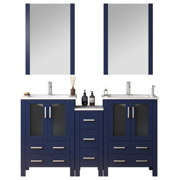 Lexora Volez 60" Vanity Cabinet, Navy Blue, Top, Mirror, 4 Doors 7 Drawers