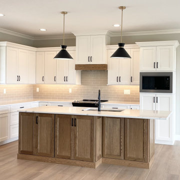 Linen White Cabinet Kitchen with Oak Island in Geneseo, Illinois