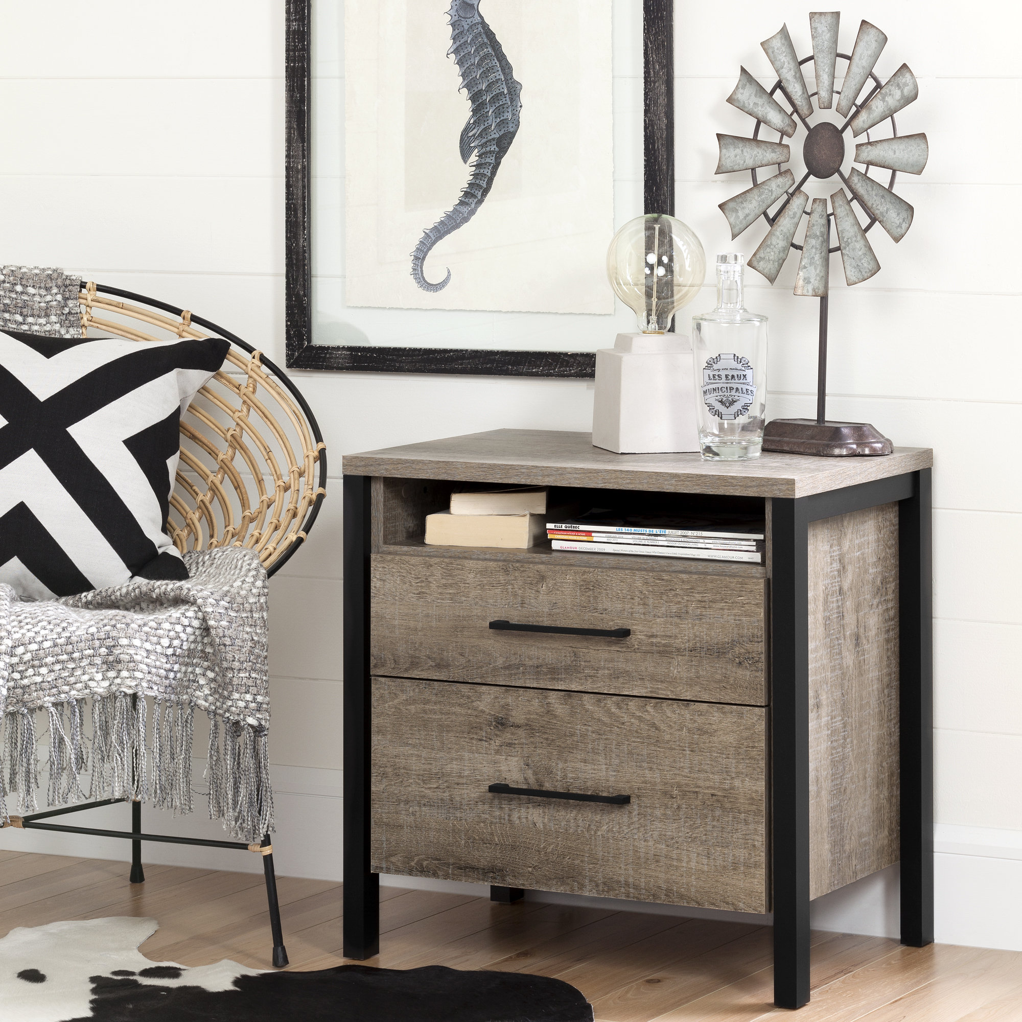 South Shore Munich 2-Drawer Nightstand, Weathered Oak And Matte Black