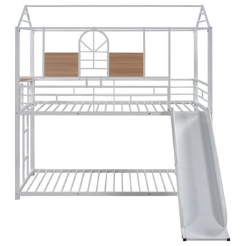 Gewnee Twin Over Twin Metal Bunk Bed ,Metal Housebed With Slide in White