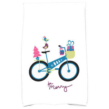 Merry Bird Bike Holiday Geometric Print Kitchen Towel, Teal
