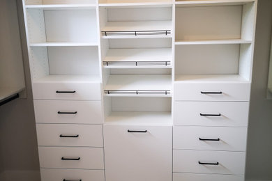 Diseño de armario vestidor minimalista con armarios con paneles lisos y puertas de armario blancas